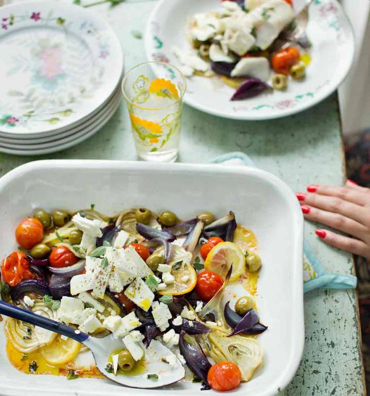 Roasted onions and fennel with feta and olives