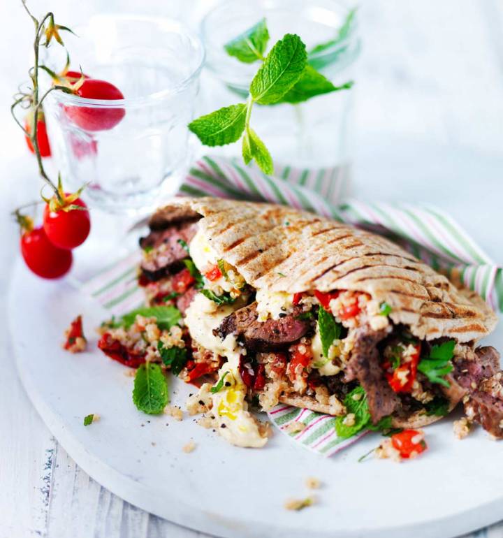 Griddled lamb, mint and tomato couscous wraps