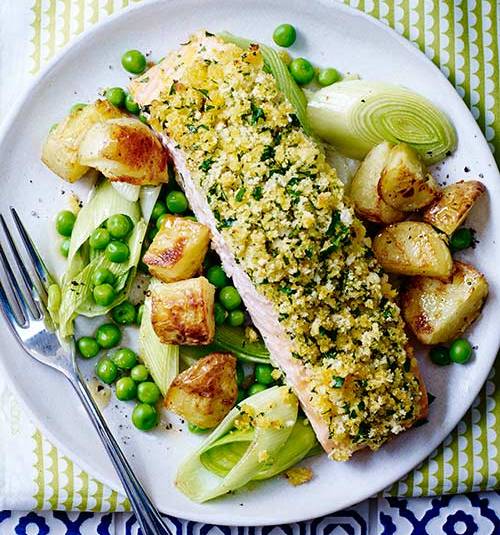 Citrus-crusted salmon with buttered leeks and roasted new potatoes