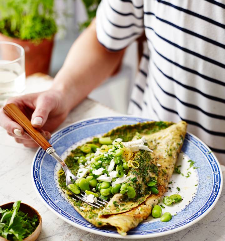 Herb omelette with feta and broad beans