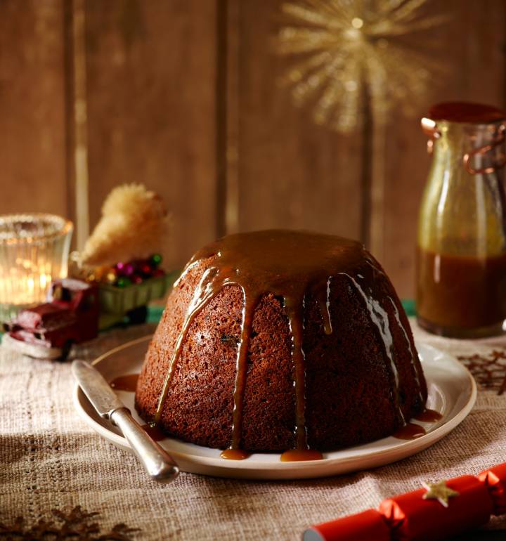 Sticky toffee apple and date Christmas pudding