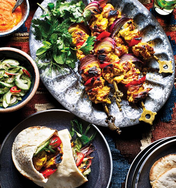 Turmeric and saffron chicken pitta with blackened chilli sauce