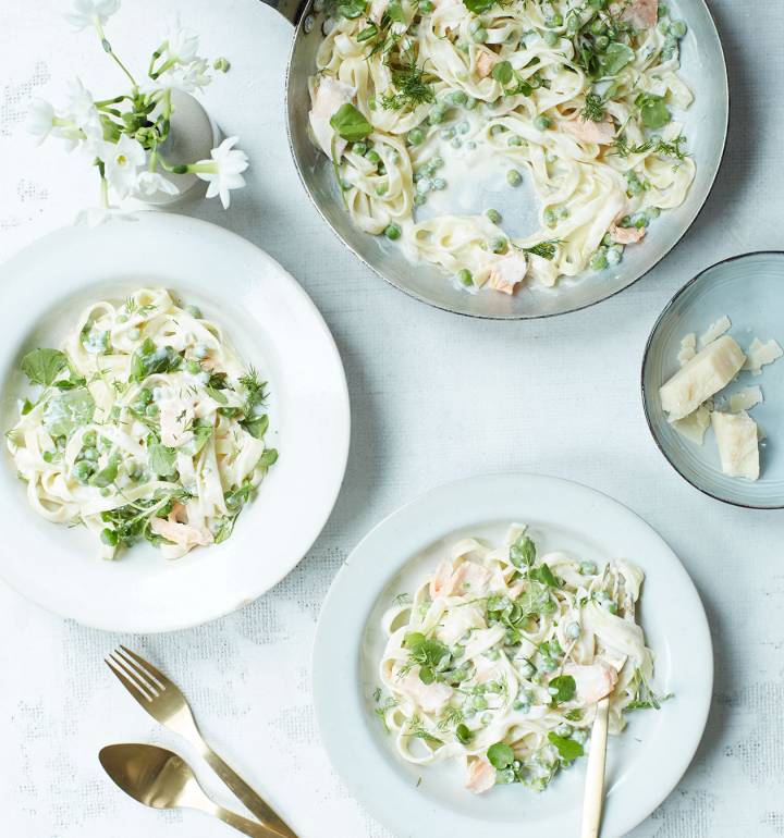 Salmon, pea and watercress tagliatelle