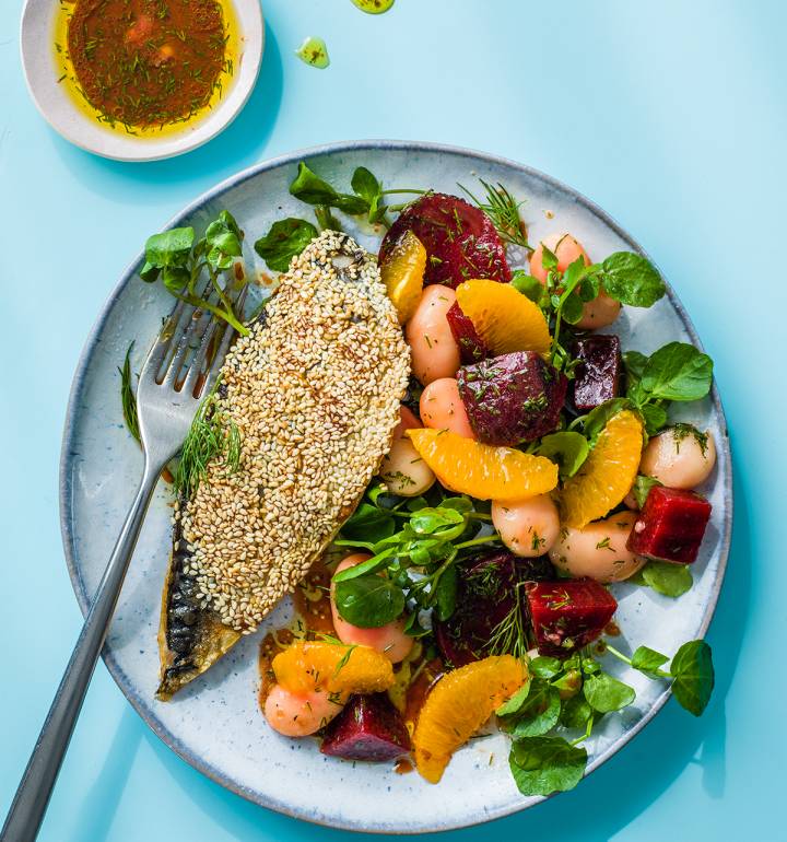 Sesame mackerel with orange and beetroot salad
