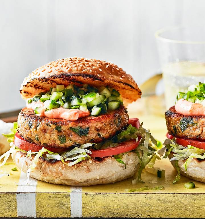 Tuna burgers with cucumber salsa recipe | Sainsbury`s Magazine