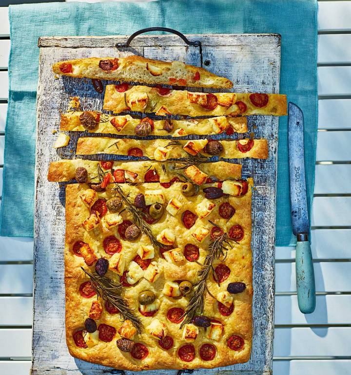 No-knead halloumi focaccia