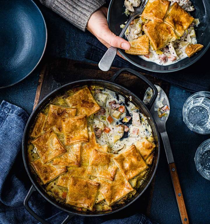 Chicken pot pie with puff pastry croutons