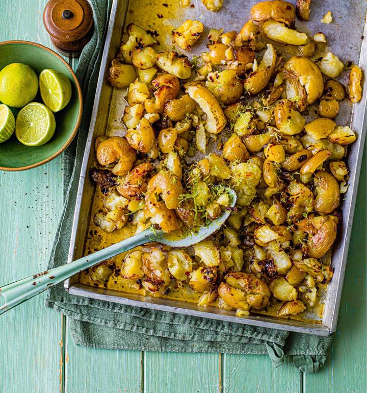 Smashed Jersey Royals with hot honey & lime