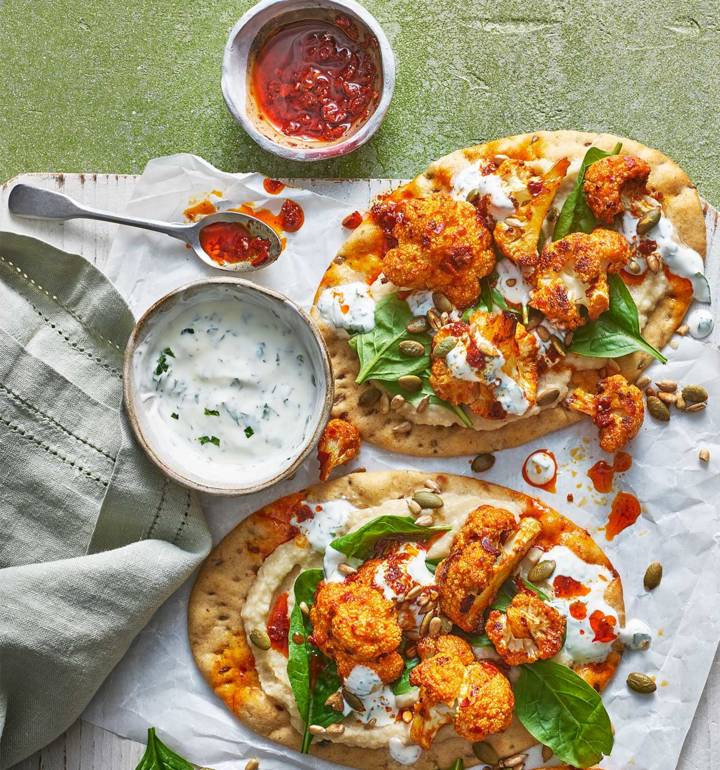 Sponsored: Rose harissa cauli flatbreads with butter bean humous