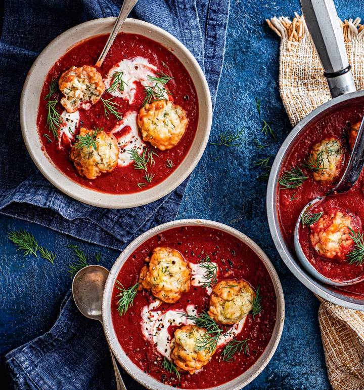 Beetroot and apple soup with horseradish-dill dumplings