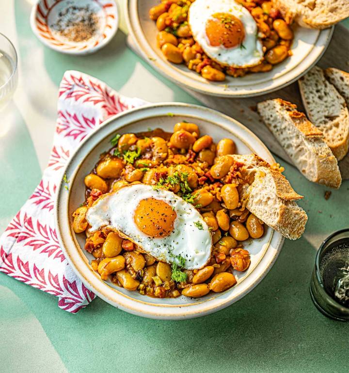 Saffron-braised butter beans with chorizo and fried eggs