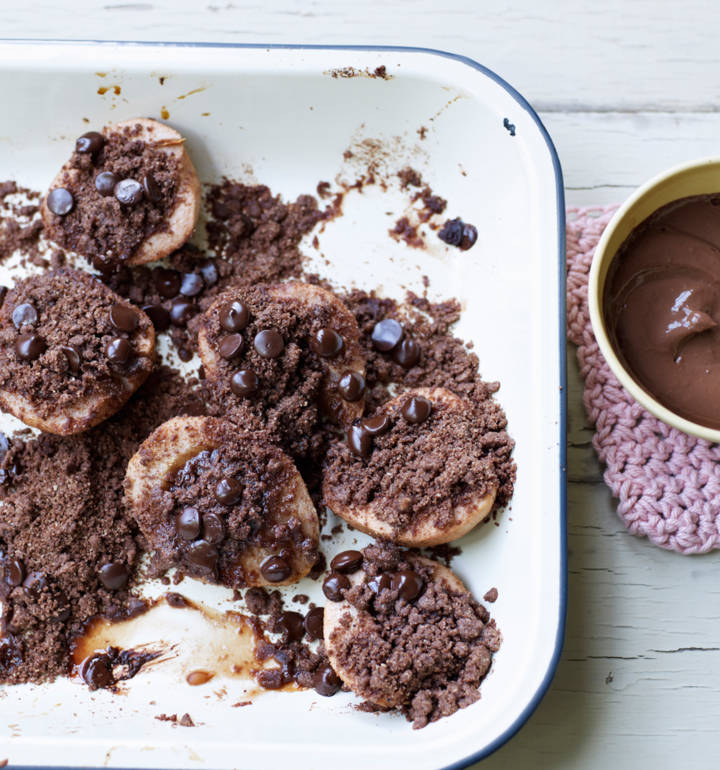 Double-choc crumble pears with chocolate custard