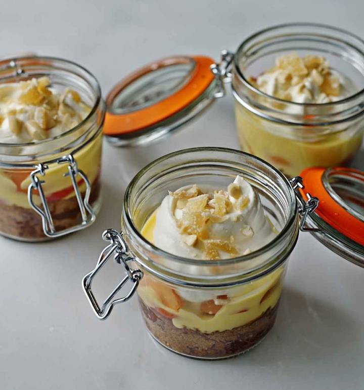 Apricot and ginger trifles in a Kilner jar
