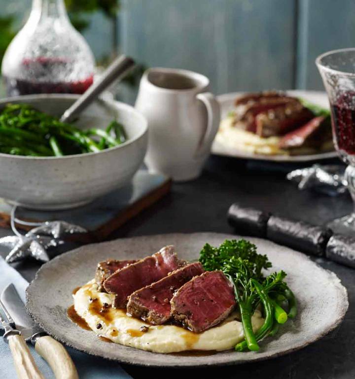 Three-pepper steaks with pommes mousseline