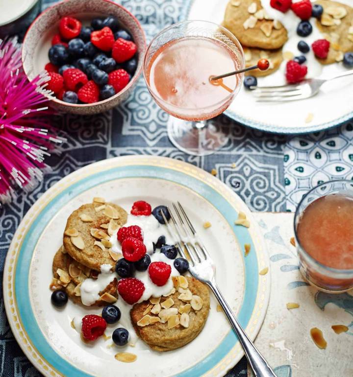Almond banana pancakes with vanilla yogurt and berries