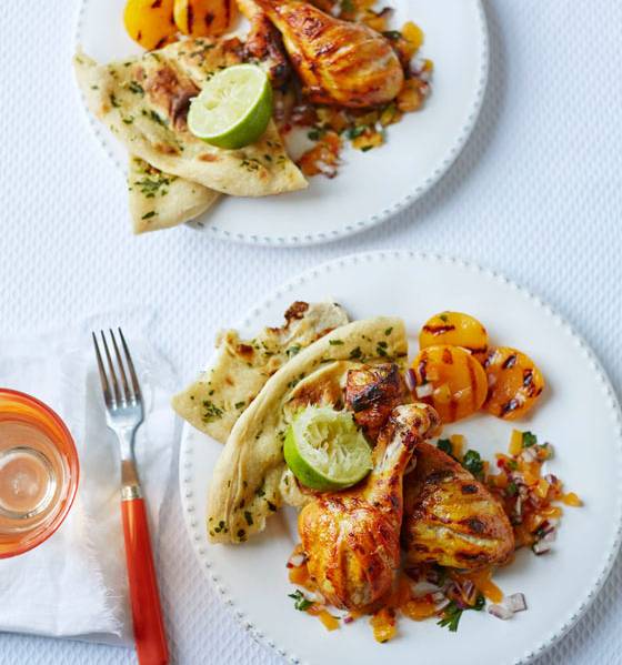 Tandoori chicken drumsticks with salsa and griddled apricots ...