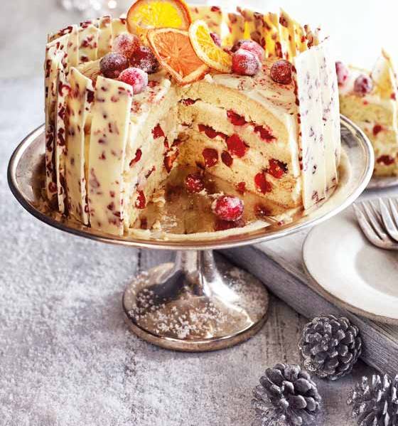 Orange, cranberry and white chocolate gateau