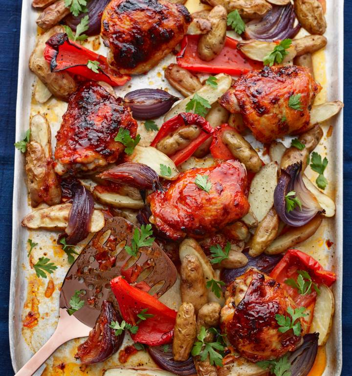 Sticky marmalade chicken traybake
