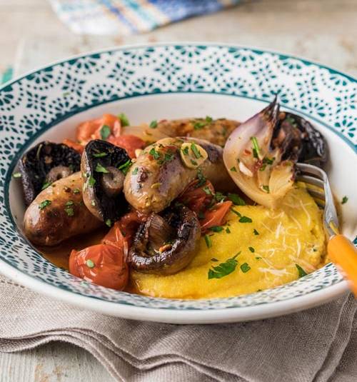 Creamy polenta with roasted Italian sausages