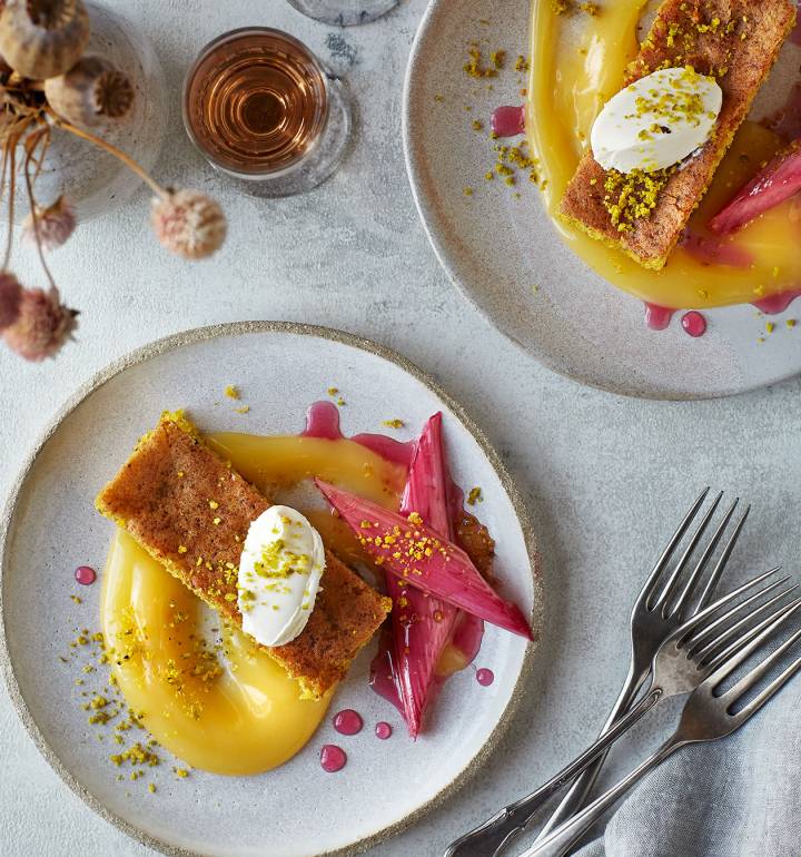 Pistachio polenta cake with poached rhubarb and lemon curd