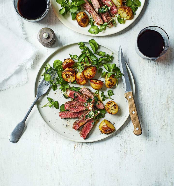 Steak with anchovy butter and mustard roast potatoes