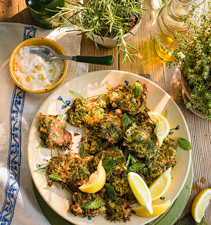 Courgette and feta fritters, preserved lemon, dill and mint