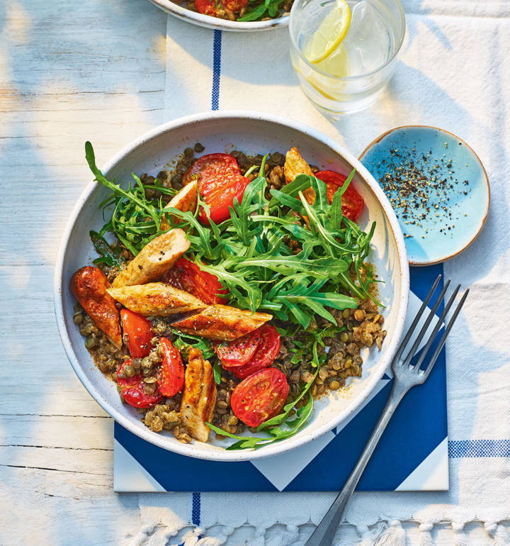 Summer sausage, lentil and roast tomato salad
