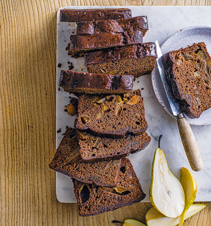 Sticky pear gingerbread loaf cake