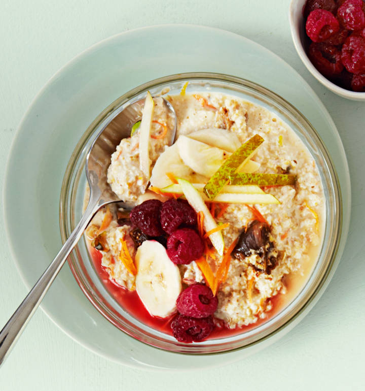 Fig, pear, banana and berry Bircher muesli
