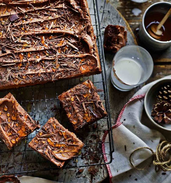 Double chocolate fudge traybake with chocolate cinnamon frosting