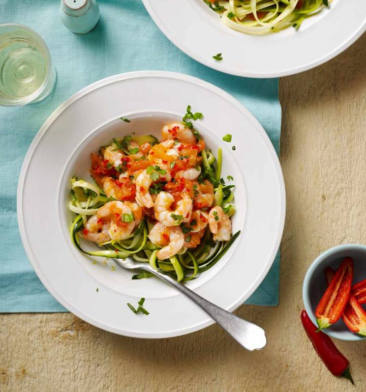 Spicy tomato prawns with courgette ‘spaghetti’