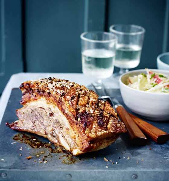 Slow-roast pork belly with apple, celeriac and fennel slaw