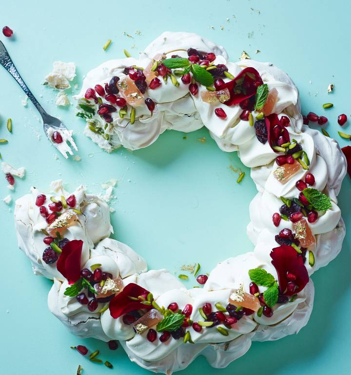Turkish pavlova with rose petals and mint