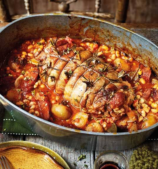 Spanish pot-roasted lamb with chorizo and white beans