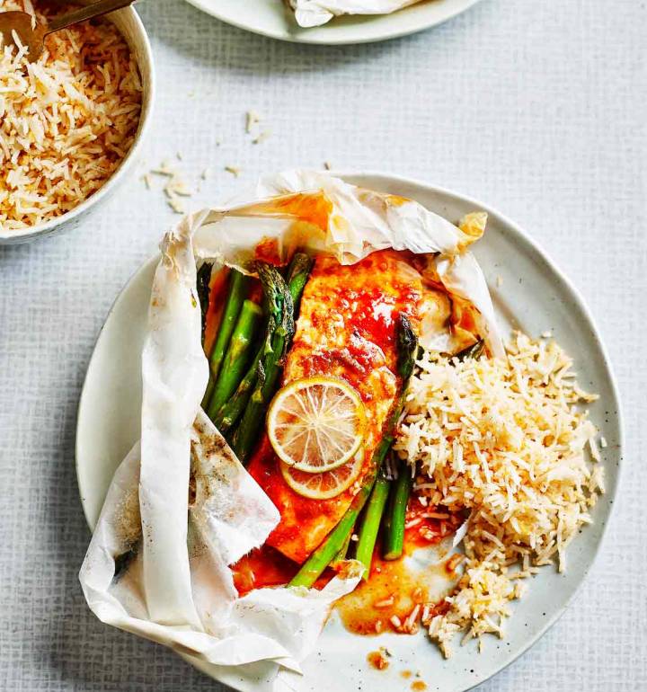 Harissa salmon parcels with coconut rice