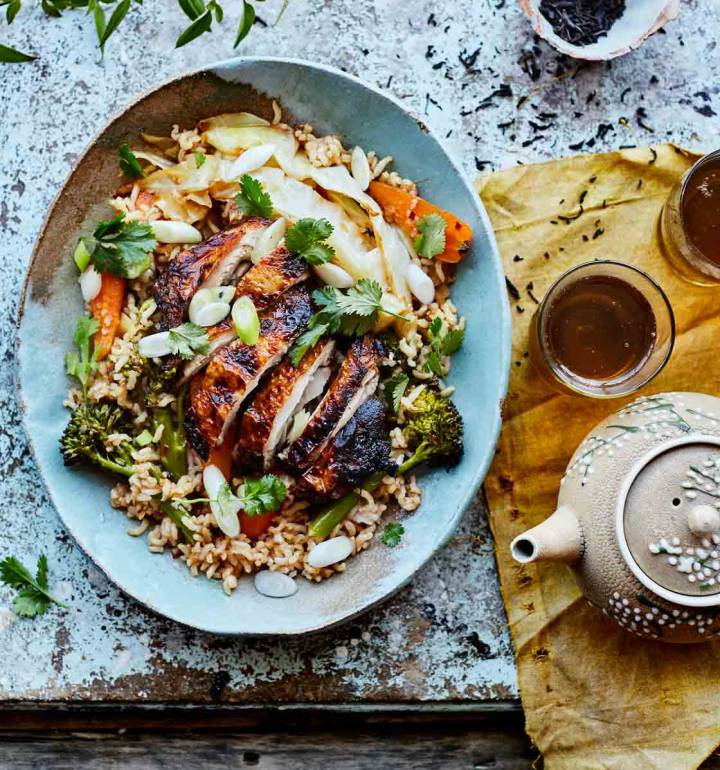 Crispy tea-brined chicken with warm rice salad