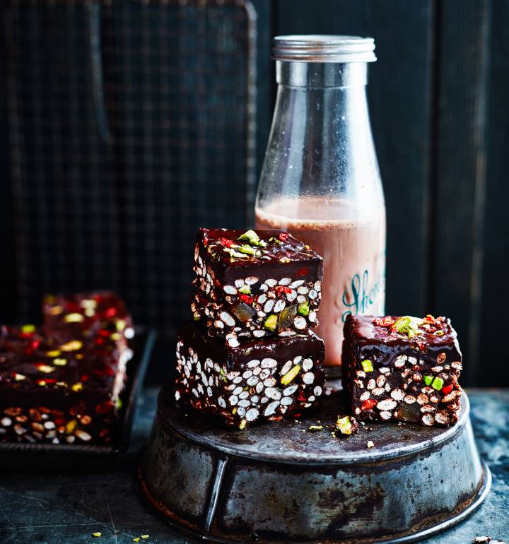 Coconut and cacao crispie squares