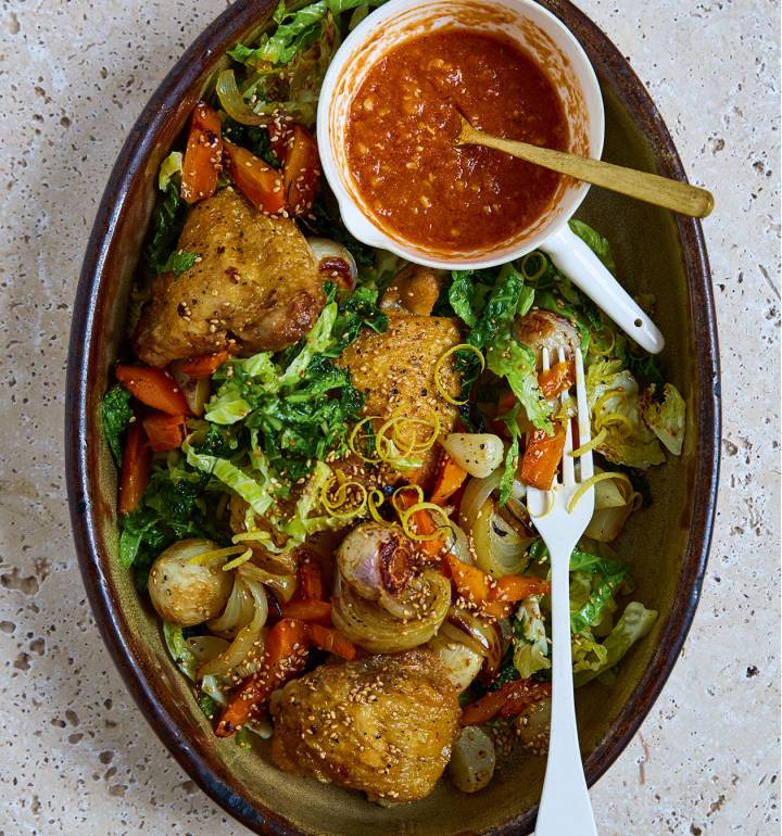 Sesame roast chicken with tomato gravy
