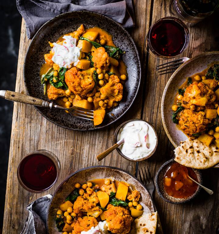 Aromatic veggie curry with radish raita