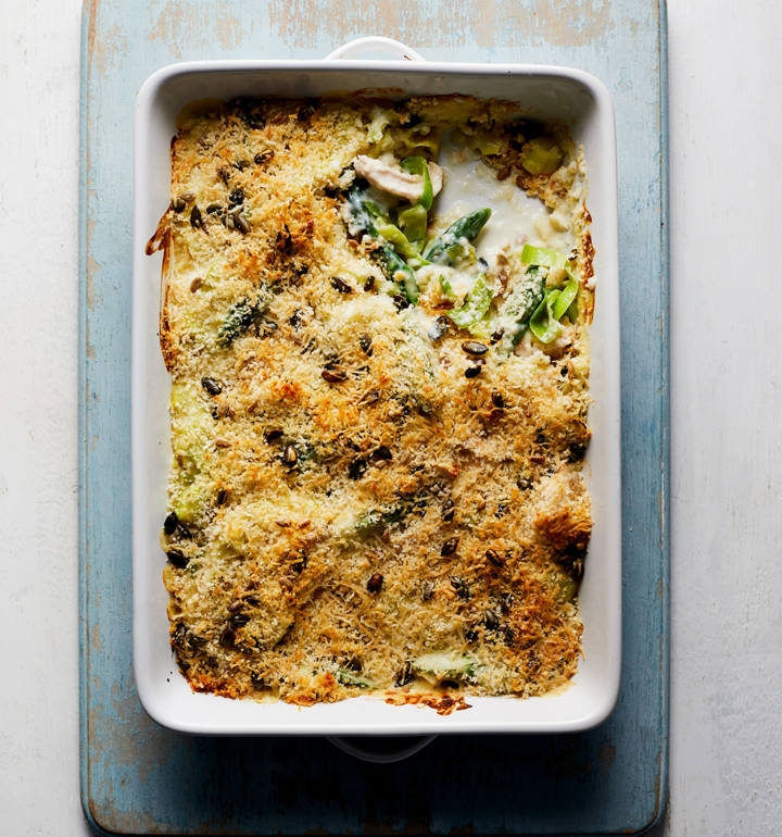 Chicken, leek and asparagus ‘crumble’ recipe | Sainsbury`s Magazine