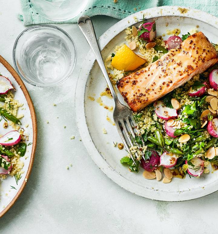 Mustard honey salmon with veggie couscous recipe | Sainsbury`s Magazine