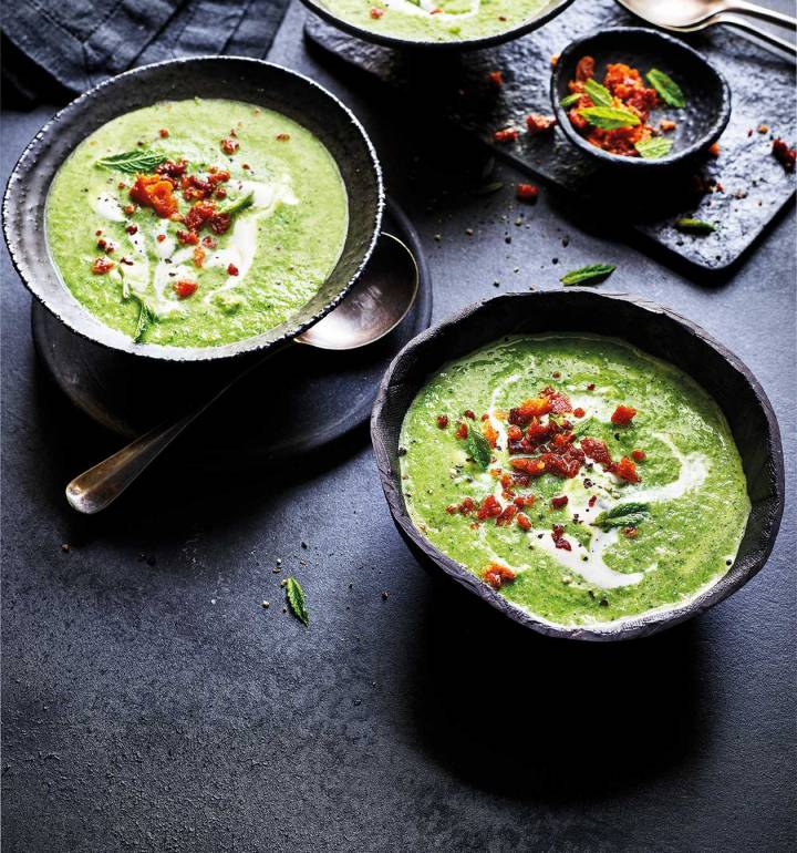 Lettuce soup with chorizo crumbs