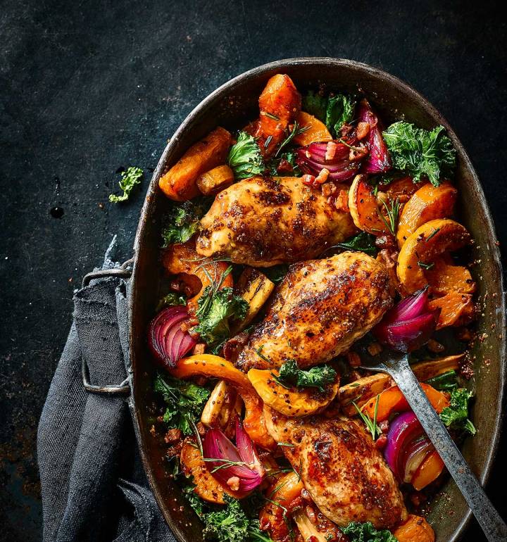 Sticky maple chicken traybake