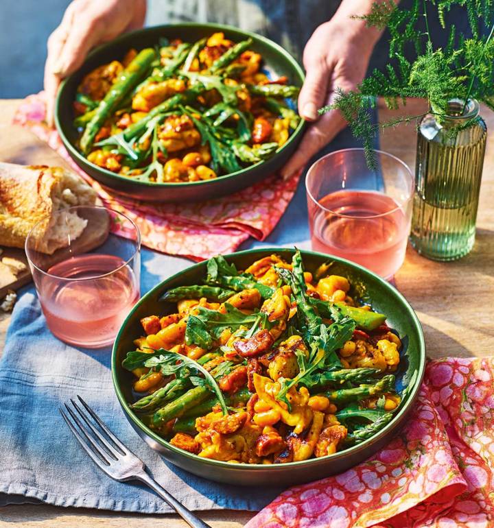 Warm saffron chicken, white bean and chorizo salad