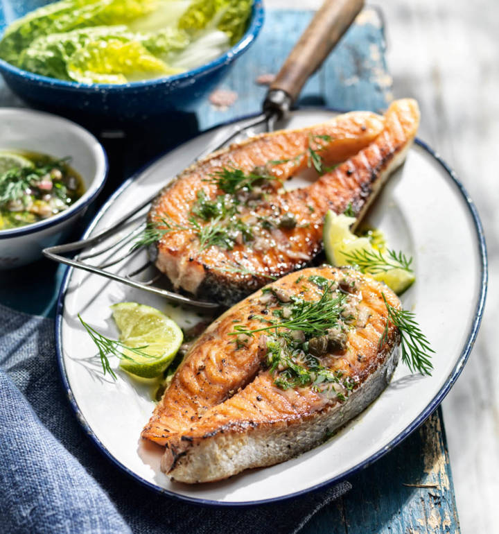 Salmon steaks with caper and anchovy salsa