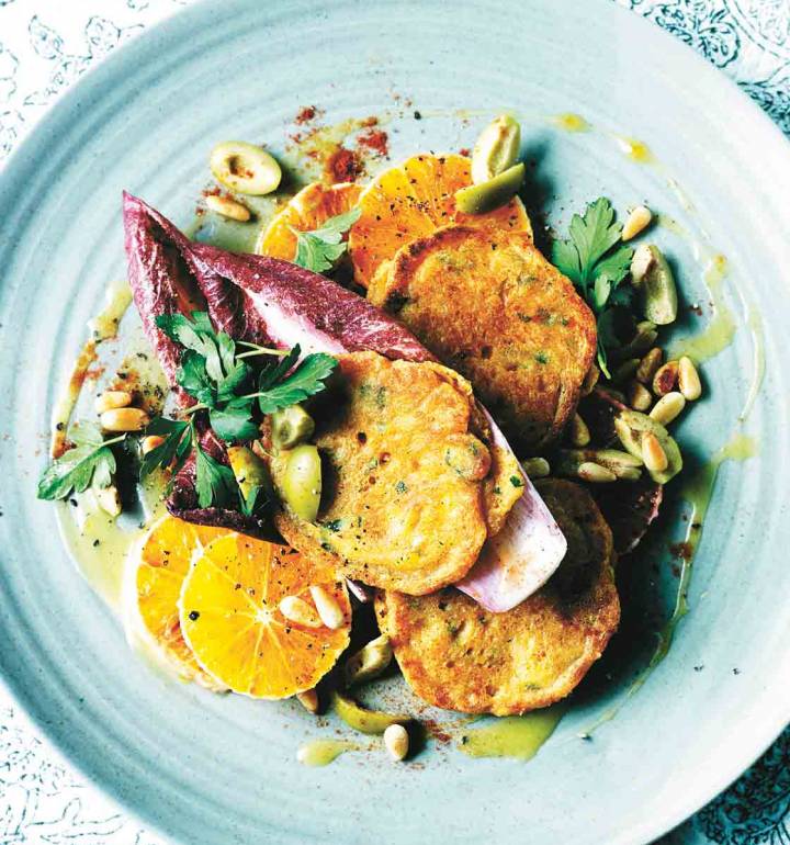 Manchego fritters with Seville orange dressing