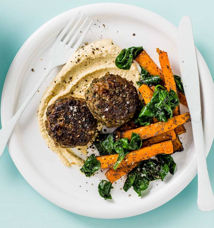 Spiced lamb patties with honey-roast butternut chips