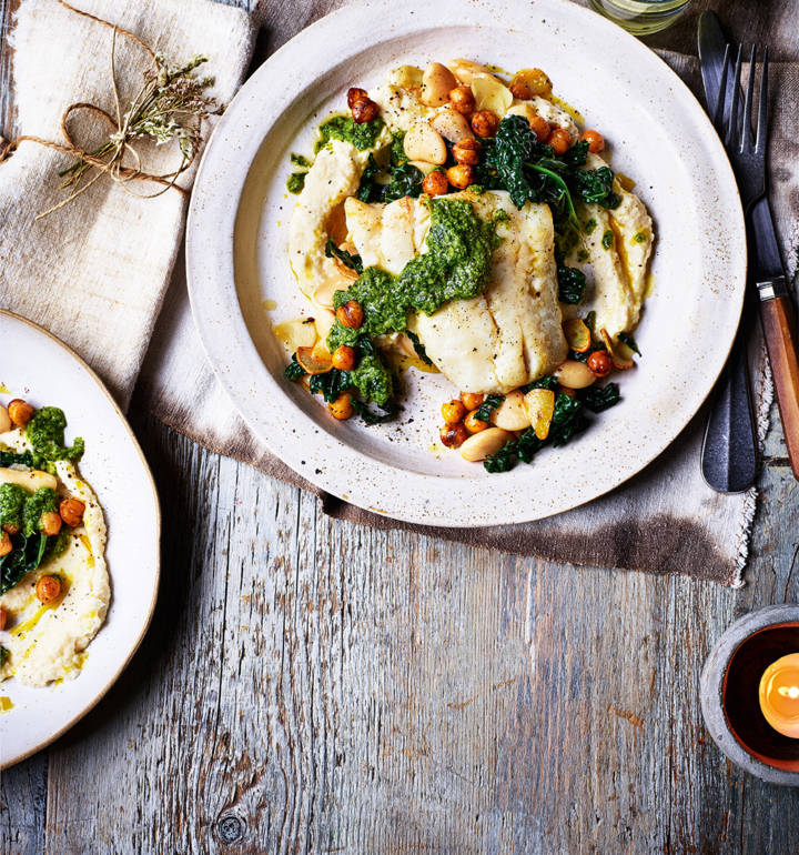 Hake, celeriac purée and balsamic chickpeas