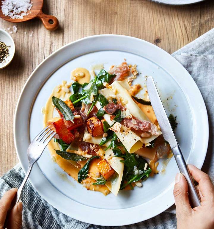 Open lasagne with roasted squash, crispy prosciutto and amaretti