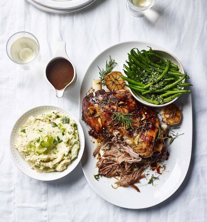 Slow-roasted lamb with spring onion mash and pistou